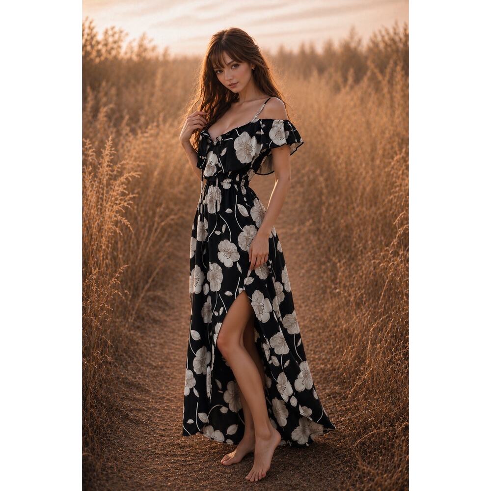 Where the Breeze Meets Blossoms cold shoulder flounce floral floaty maxi dress